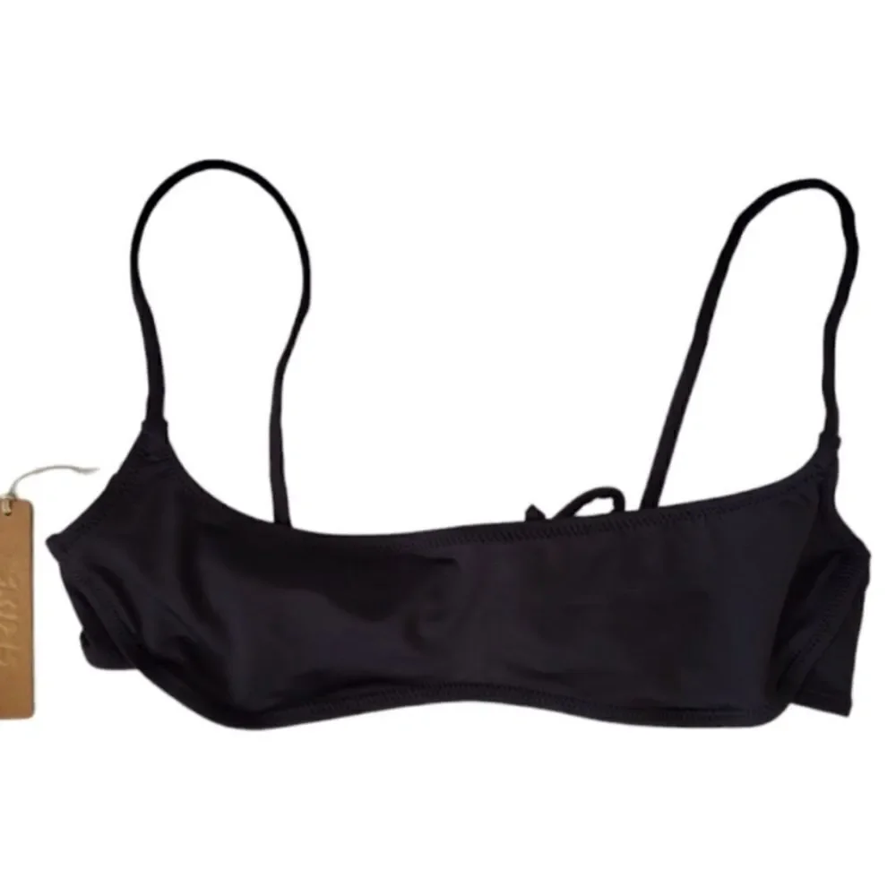 SKIMS NWT Recycled Swim Micro Scoop Bikini Top In Onyx Black Sport Tie Back